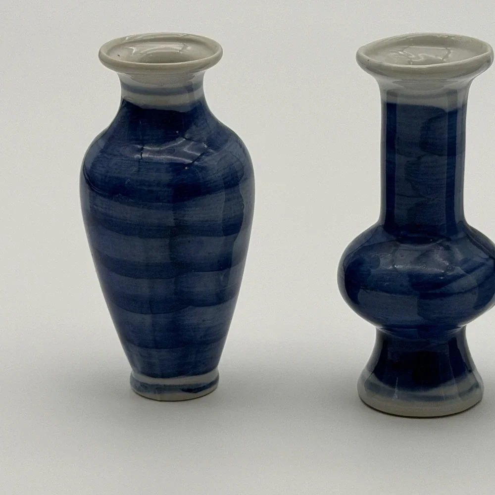 Set of 3 Blue and White Porcelain Miniature Bud Vases Cherry Blossom Floral